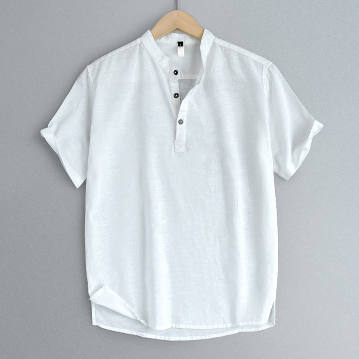 Buddha Stones Solid Color Men Short Sleeve Button Linen Shirt - image 19