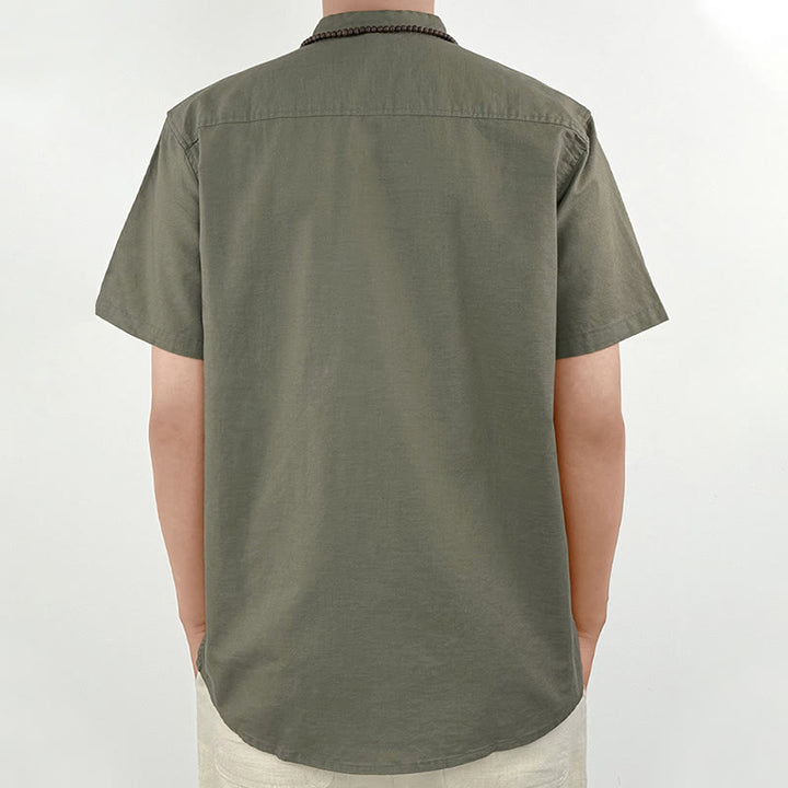 Buddha Stones Solid Color Men Short Sleeve Button Linen Shirt - image 3