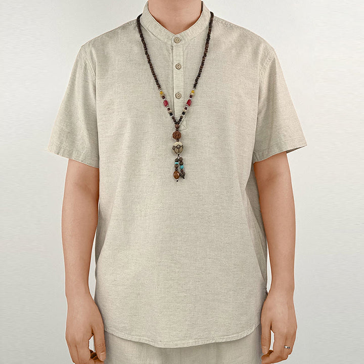 Buddha Stones Solid Color Men Short Sleeve Button Linen Shirt - Linen - US/UK/AU44，EU54 (4XL) - image 8