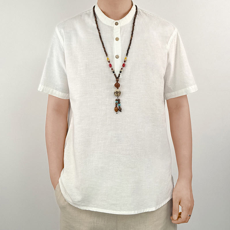 Buddha Stones Solid Color Men Short Sleeve Button Linen Shirt