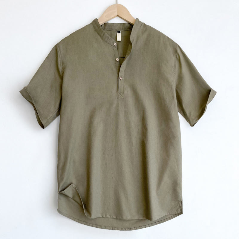 Buddha Stones Solid Color Men Short Sleeve Button Linen Shirt