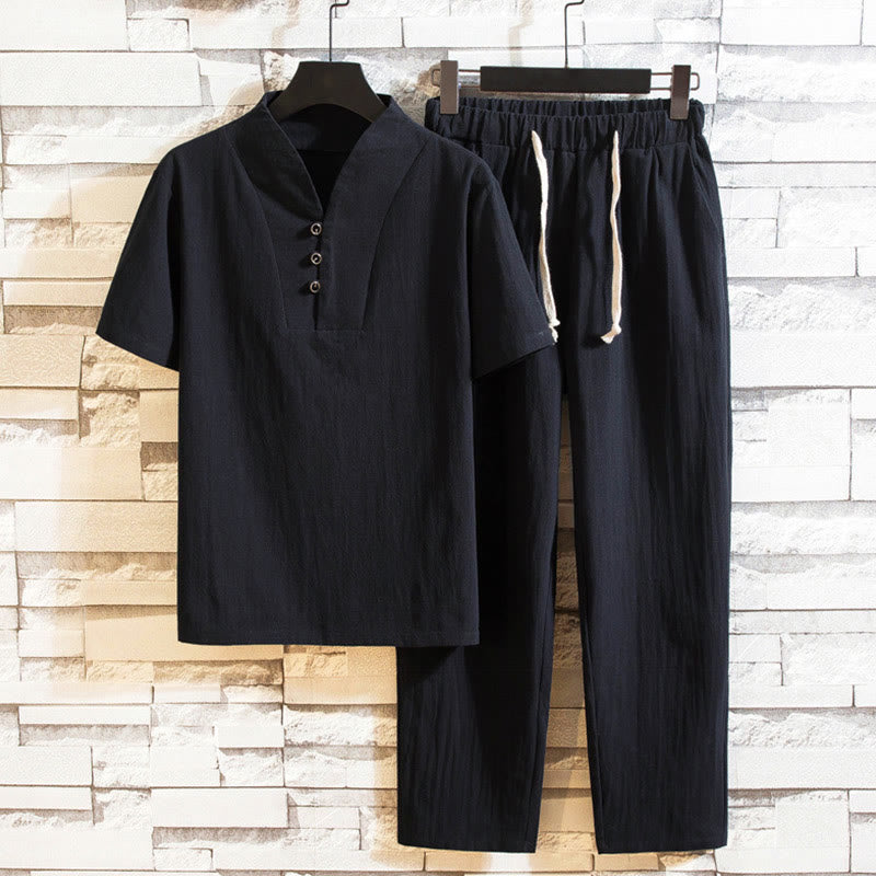 Buddha Stones 2Pcs Solid Color Cotton Button Short Sleeve T-shirt Pants Men's Set - Black - US/UK/AU44，EU54 (5XL) - image 10