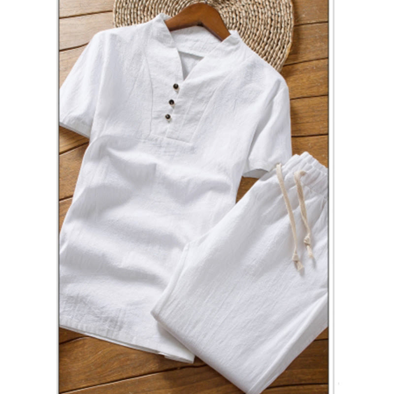 Buddha Stones 2Pcs Solid Color Cotton Button Short Sleeve T-shirt Pants Men's Set - image 3