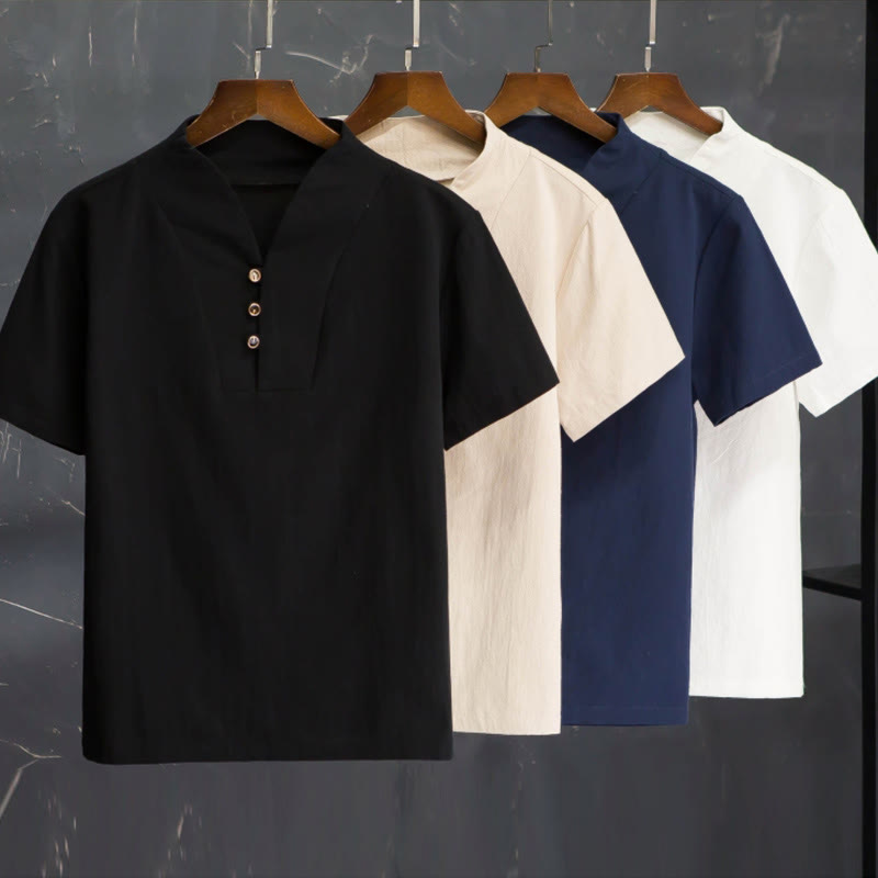 Buddha Stones 2Pcs Solid Color Cotton Button Short Sleeve T-shirt Pants Men's Set - image 1