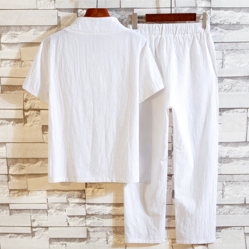 Buddha Stones 2Pcs Solid Color Cotton Button Short Sleeve T-shirt Pants Men's Set - image 2