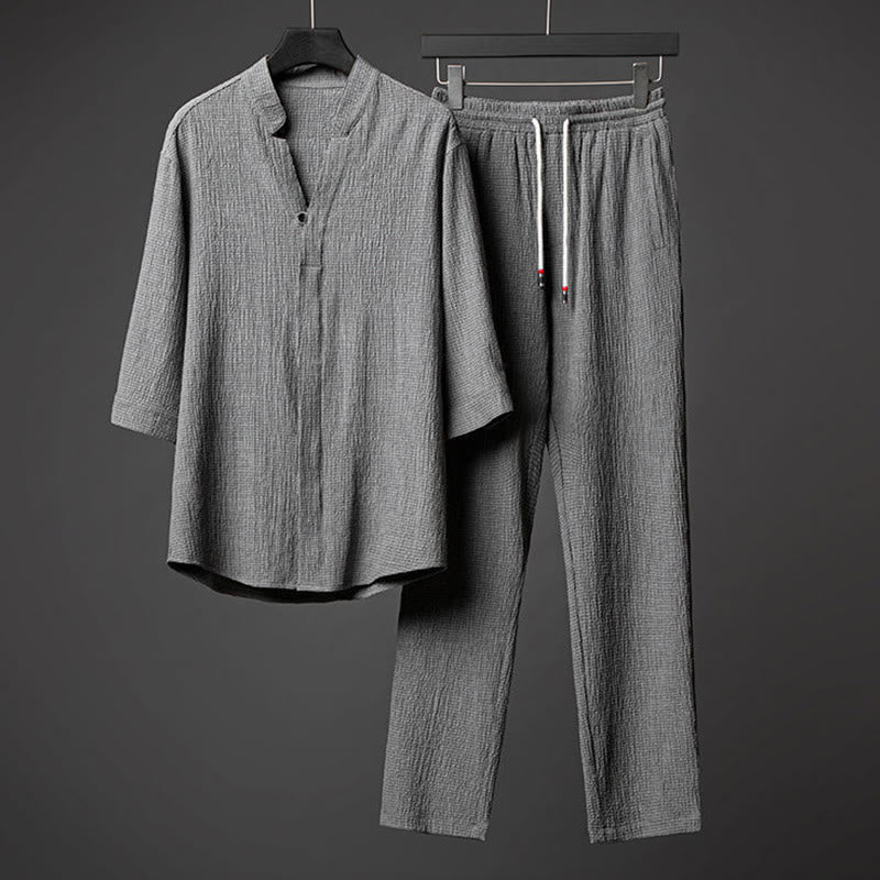 Buddha Stones 2Pcs Solid Color Texture Button Half Sleeve Shirt Pants Men's Set - Gray - US/UK/AU44，EU54 (5XL) - image 0