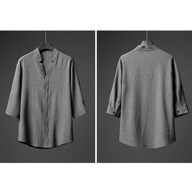 Buddha Stones 2Pcs Solid Color Texture Button Half Sleeve Shirt Pants Men's Set - image 1