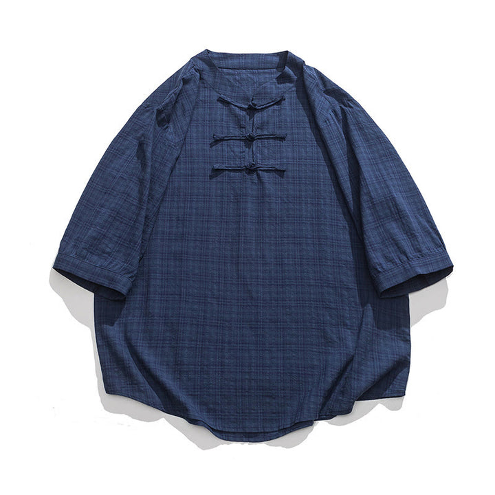 Buddha Stones Frog-Button Plaid Pattern Chinese Tang Suit Half Sleeve Shirt Cotton Linen Men Clothing