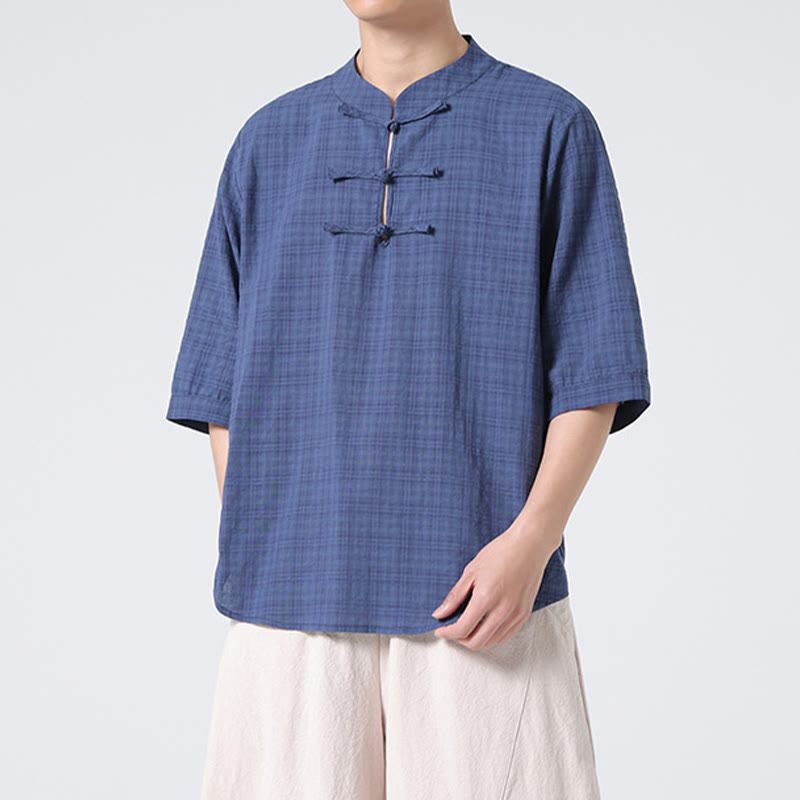 Buddha Stones Frog-Button Plaid Pattern Chinese Tang Suit Half Sleeve Shirt Cotton Linen Men Clothing