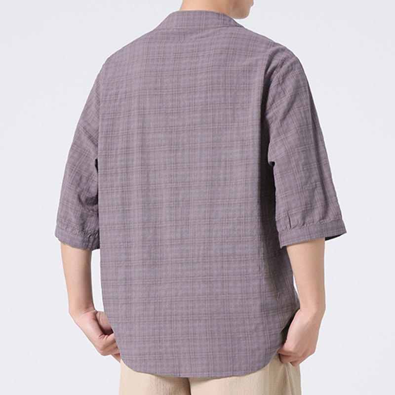 Buddha Stones Frog-Button Plaid Pattern Chinese Tang Suit Half Sleeve Shirt Cotton Linen Men Clothing