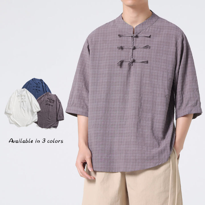 Buddha Stones Frog-Button Plaid Pattern Chinese Tang Suit Half Sleeve Shirt Cotton Linen Men Clothing