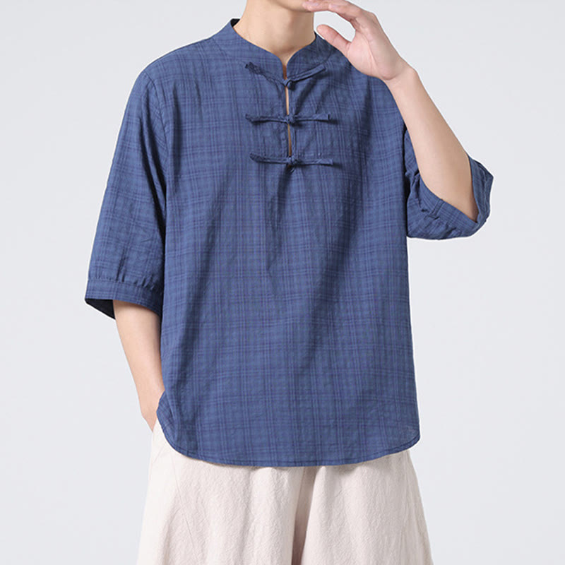 Buddha Stones Frog-Button Plaid Pattern Chinese Tang Suit Half Sleeve Shirt Cotton Linen Men Clothing