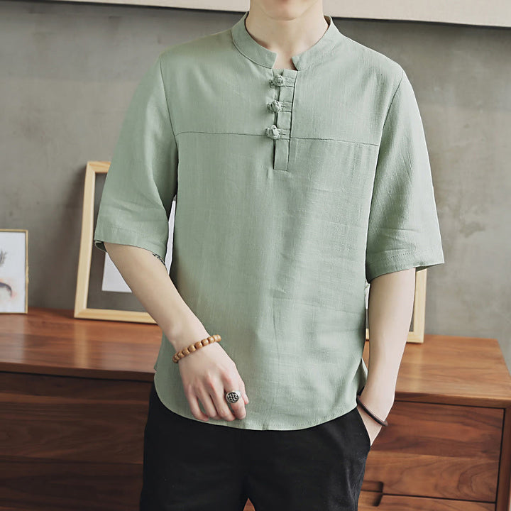 Buddha Stones Casual Half Sleeve Shirt Cotton Linen Men Clothing