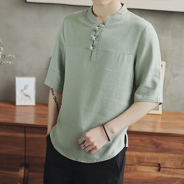 Buddha Stones Casual Half Sleeve Shirt Cotton Linen Men Clothing