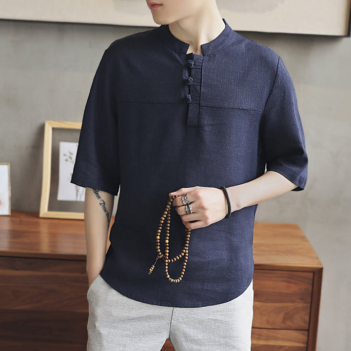 Buddha Stones Casual Half Sleeve Shirt Cotton Linen Men Clothing