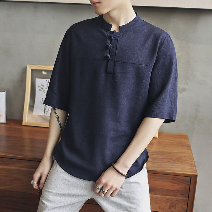 Buddha Stones Casual Half Sleeve Shirt Cotton Linen Men Clothing