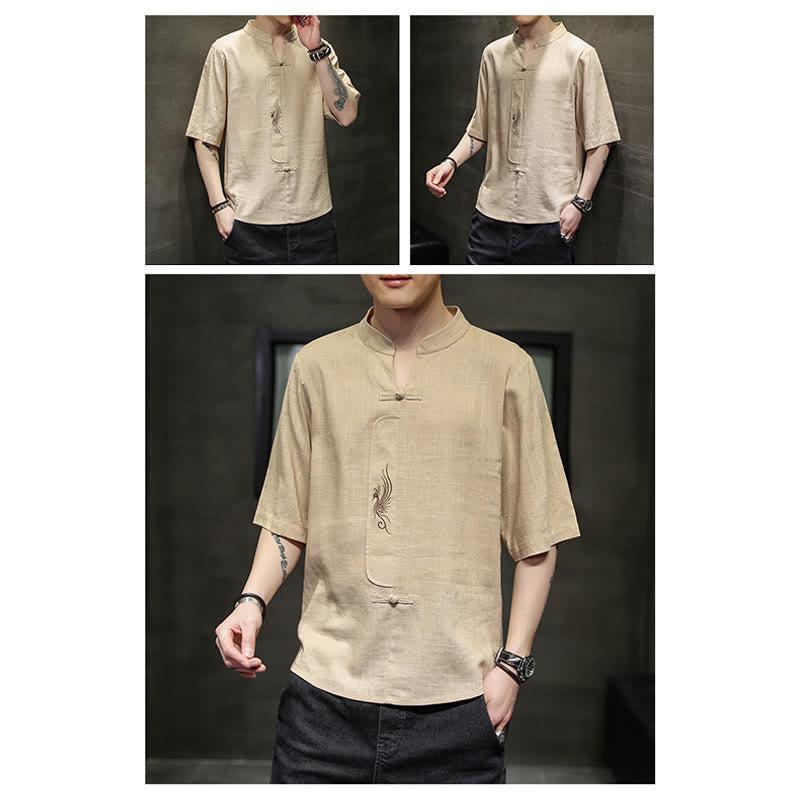 Buddha Stones Frog-Button Phoenix Embroidery Chinese Tang Suit Short Sleeve Shirt Cotton Linen Men Clothing - image 16