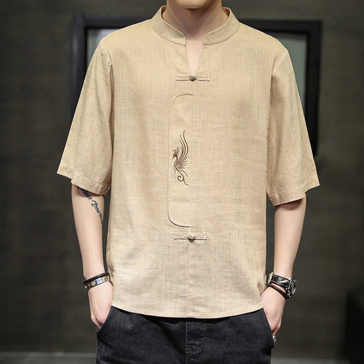 Buddha Stones Frog-Button Phoenix Embroidery Chinese Tang Suit Short Sleeve Shirt Cotton Linen Men Clothing - Bisque - US/UK/AU46，EU56 (5XL) - image 11