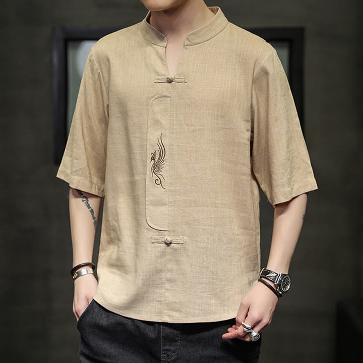 Buddha Stones Frog-Button Phoenix Embroidery Chinese Tang Suit Short Sleeve Shirt Cotton Linen Men Clothing - image 15