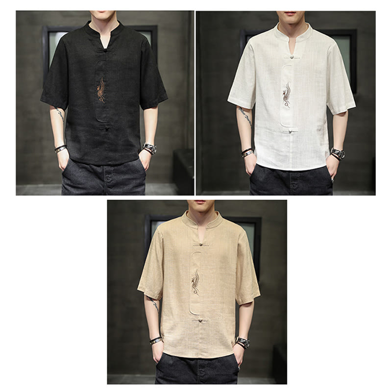 Buddha Stones Frog-Button Phoenix Embroidery Chinese Tang Suit Short Sleeve Shirt Cotton Linen Men Clothing - image 25