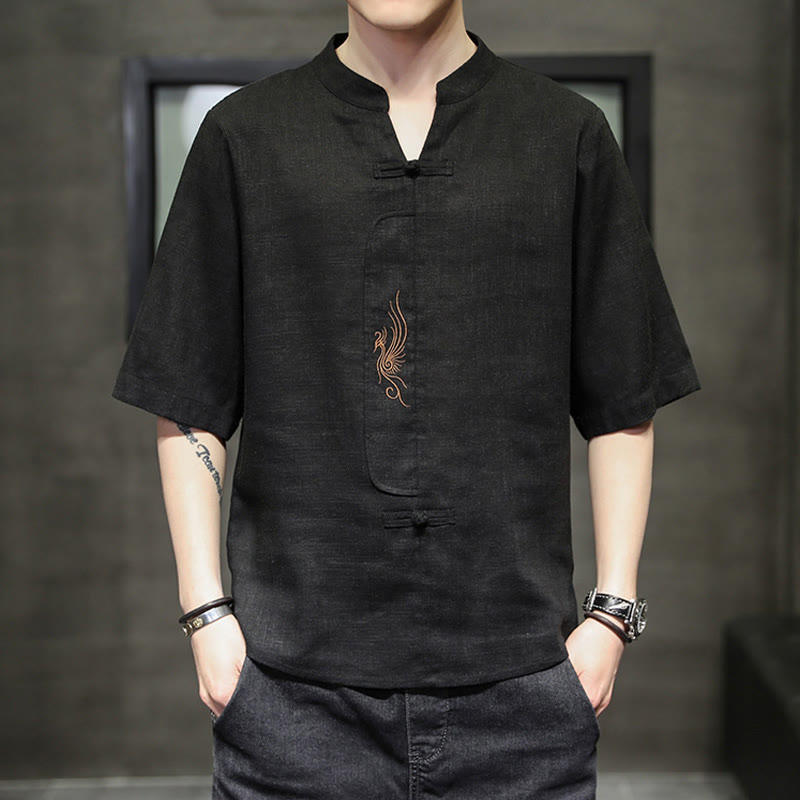 Buddha Stones Frog-Button Phoenix Embroidery Chinese Tang Suit Short Sleeve Shirt Cotton Linen Men Clothing - Black - US/UK/AU46，EU56 (5XL) - image 17