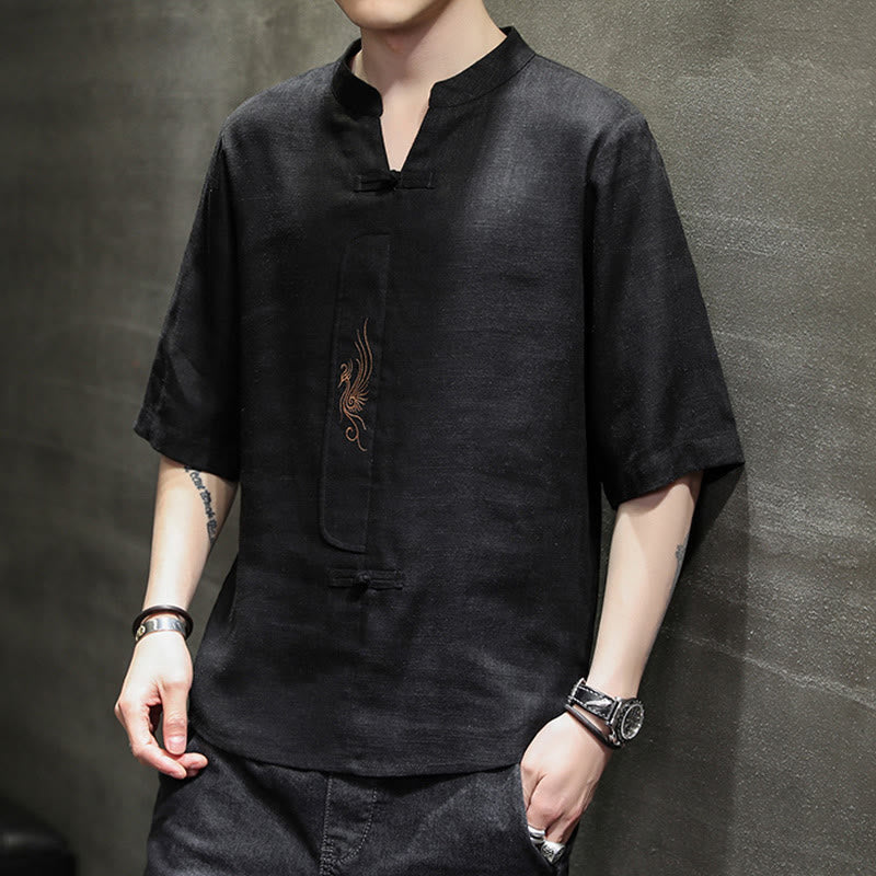 Buddha Stones Frog-Button Phoenix Embroidery Chinese Tang Suit Short Sleeve Shirt Cotton Linen Men Clothing - image 20