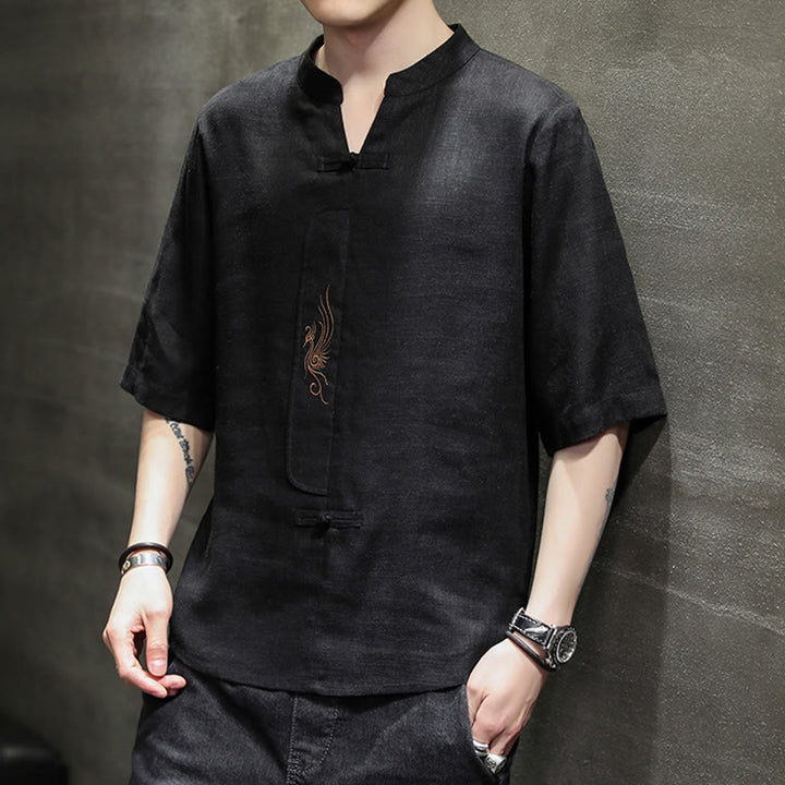 Buddha Stones Frog-Button Phoenix Embroidery Chinese Tang Suit Short Sleeve Shirt Cotton Linen Men Clothing - image 20