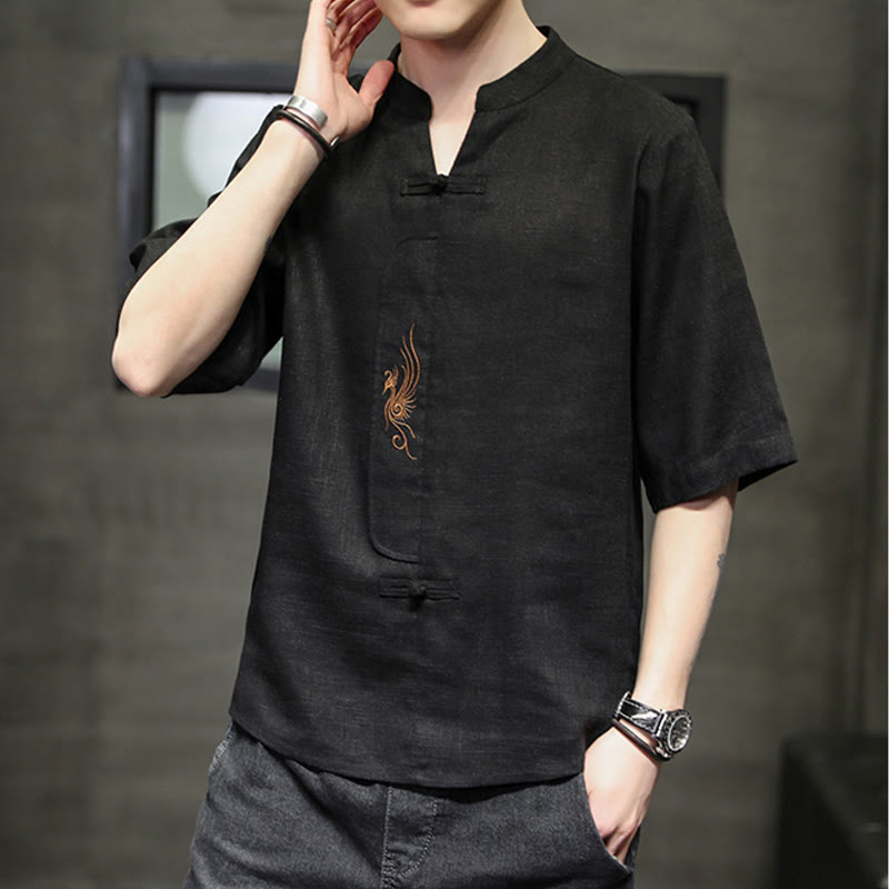 Buddha Stones Frog-Button Phoenix Embroidery Chinese Tang Suit Short Sleeve Shirt Cotton Linen Men Clothing - image 23