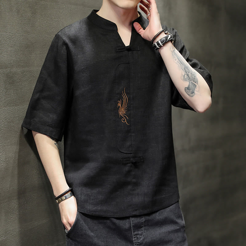 Buddha Stones Frog-Button Phoenix Embroidery Chinese Tang Suit Short Sleeve Shirt Cotton Linen Men Clothing - image 19