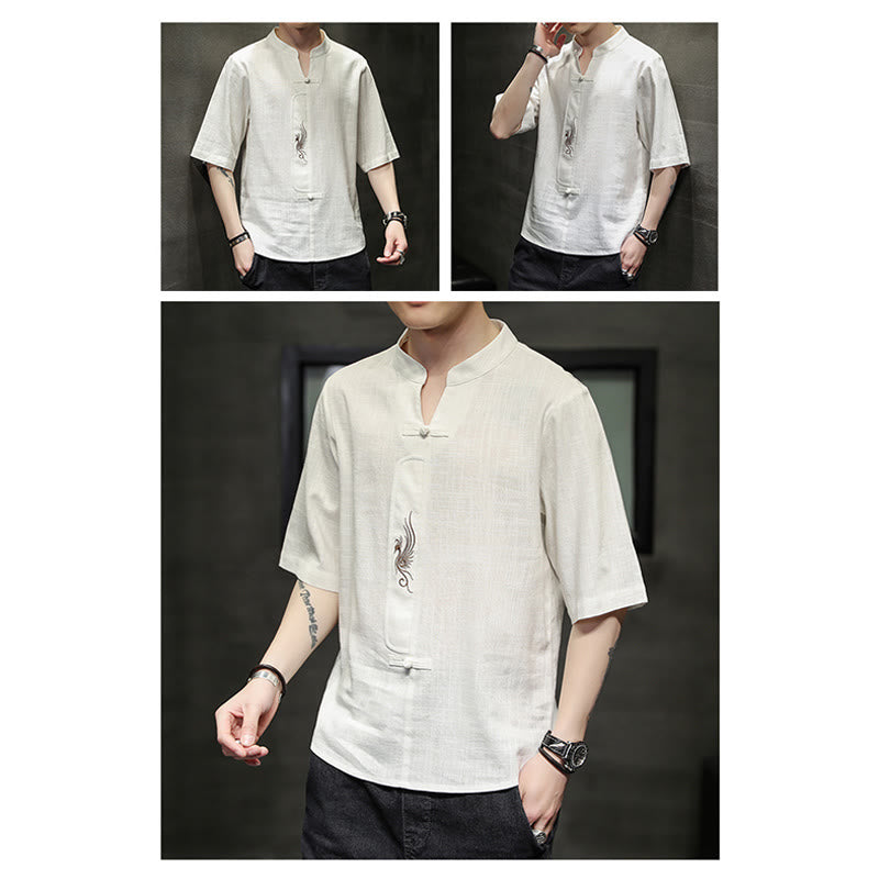 Buddha Stones Frog-Button Phoenix Embroidery Chinese Tang Suit Short Sleeve Shirt Cotton Linen Men Clothing - image 10