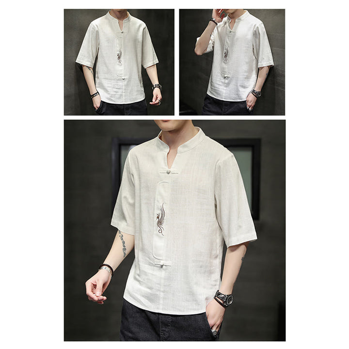 Buddha Stones Frog-Button Phoenix Embroidery Chinese Tang Suit Short Sleeve Shirt Cotton Linen Men Clothing - image 10