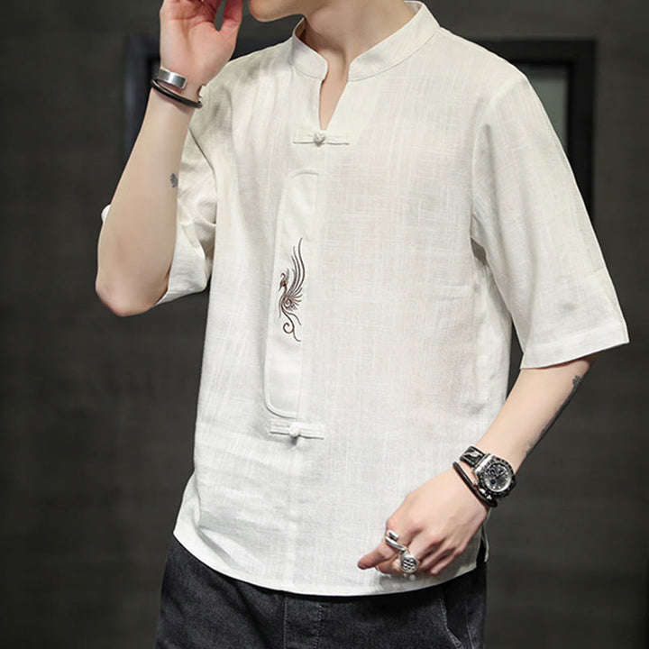Buddha Stones Frog-Button Phoenix Embroidery Chinese Tang Suit Short Sleeve Shirt Cotton Linen Men Clothing - image 8