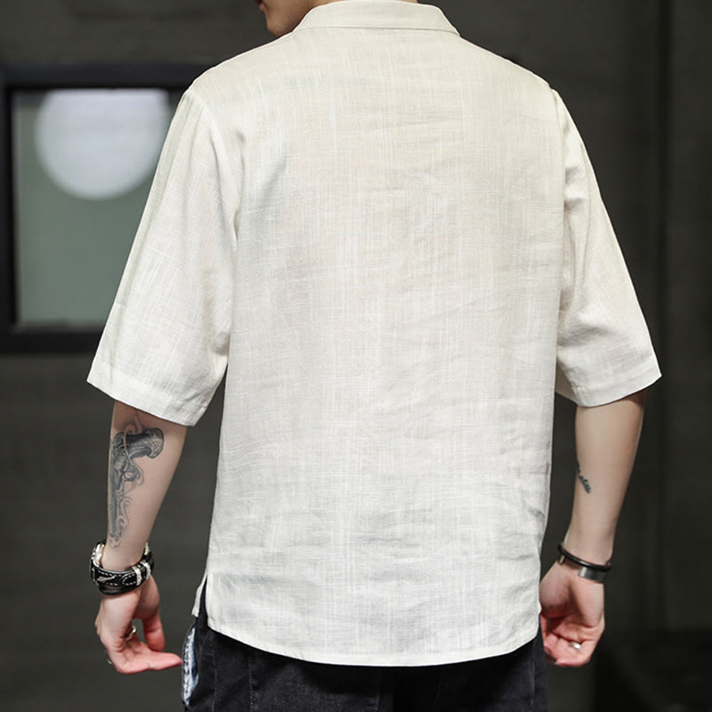 Buddha Stones Frog-Button Phoenix Embroidery Chinese Tang Suit Short Sleeve Shirt Cotton Linen Men Clothing - image 3
