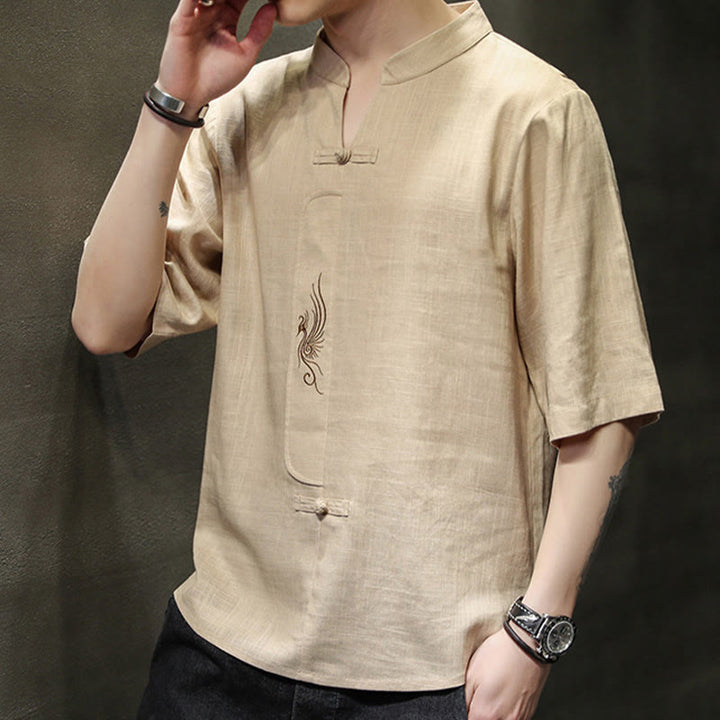 Buddha Stones Frog-Button Phoenix Embroidery Chinese Tang Suit Short Sleeve Shirt Cotton Linen Men Clothing - image 14