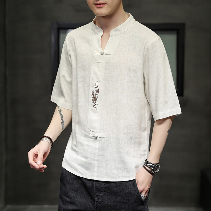 Buddha Stones Frog-Button Phoenix Embroidery Chinese Tang Suit Short Sleeve Shirt Cotton Linen Men Clothing - image 7
