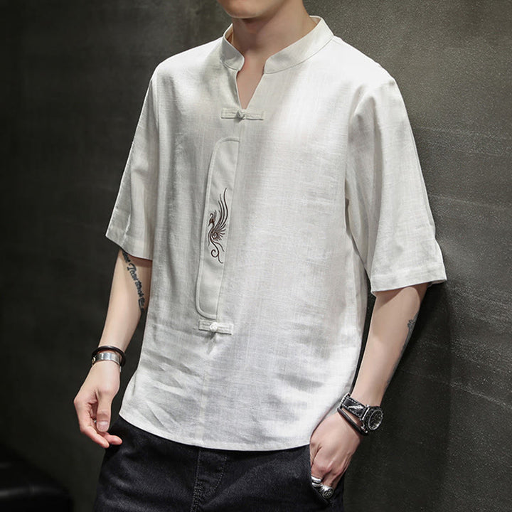 Buddha Stones Frog-Button Phoenix Embroidery Chinese Tang Suit Short Sleeve Shirt Cotton Linen Men Clothing - image 4