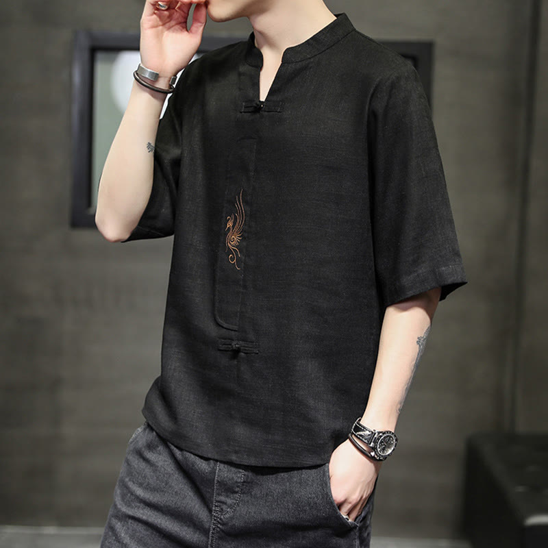 Buddha Stones Frog-Button Phoenix Embroidery Chinese Tang Suit Short Sleeve Shirt Cotton Linen Men Clothing - image 22
