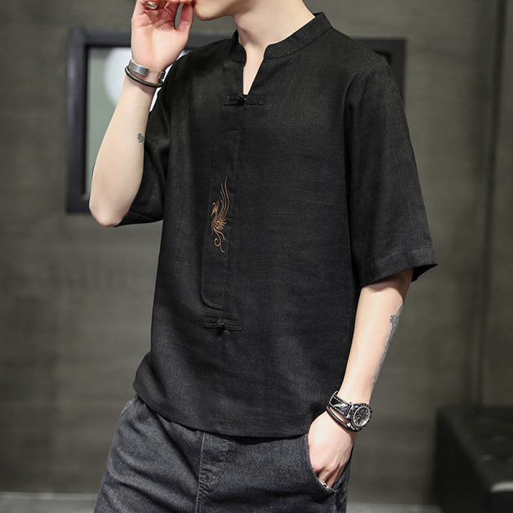 Buddha Stones Frog-Button Phoenix Embroidery Chinese Tang Suit Short Sleeve Shirt Cotton Linen Men Clothing - image 22