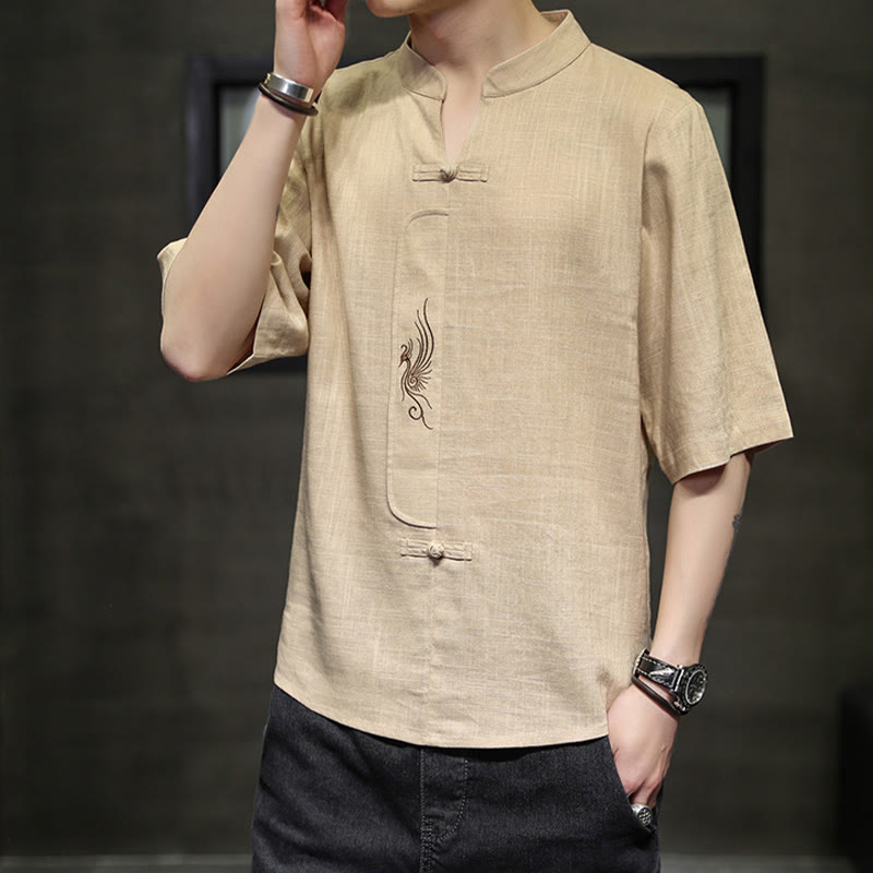 Buddha Stones Frog-Button Phoenix Embroidery Chinese Tang Suit Short Sleeve Shirt Cotton Linen Men Clothing - image 12