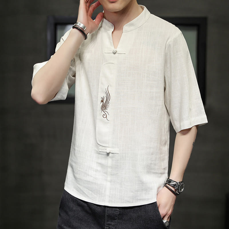 Buddha Stones Frog-Button Phoenix Embroidery Chinese Tang Suit Short Sleeve Shirt Cotton Linen Men Clothing - image 6