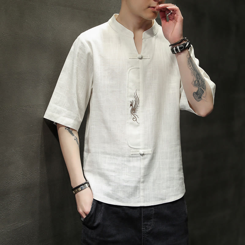 Buddha Stones Frog-Button Phoenix Embroidery Chinese Tang Suit Short Sleeve Shirt Cotton Linen Men Clothing - image 5