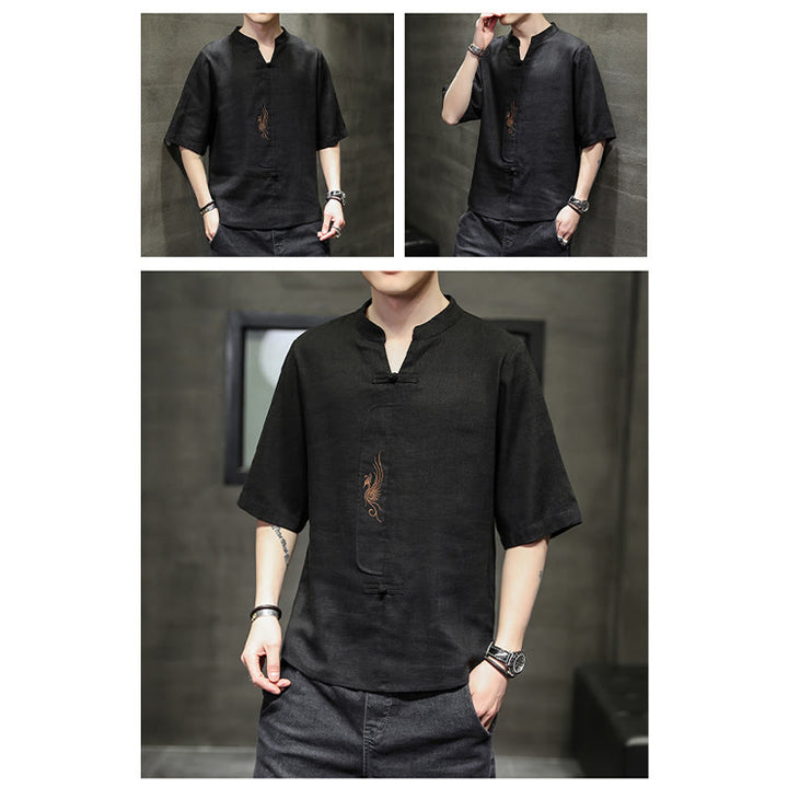 Buddha Stones Frog-Button Phoenix Embroidery Chinese Tang Suit Short Sleeve Shirt Cotton Linen Men Clothing - image 23