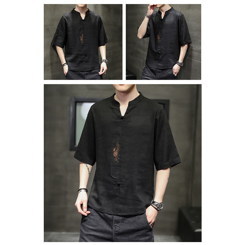 Buddha Stones Frog-Button Phoenix Embroidery Chinese Tang Suit Short Sleeve Shirt Cotton Linen Men Clothing - image 24