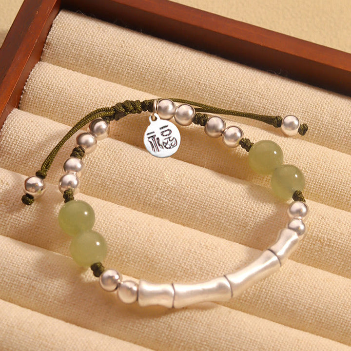 Buddha Stones 925 Sterling Silver Natural Jade Fu Character Bamboo Abundance Bracelet