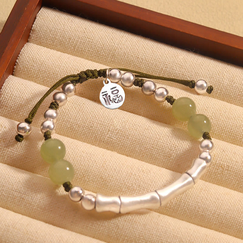 Buddha Stones 925 Sterling Silver Natural Jade Fu Character Bamboo Abundance Bracelet - Jade(Wrist Circumference14-19cm)  - image 0