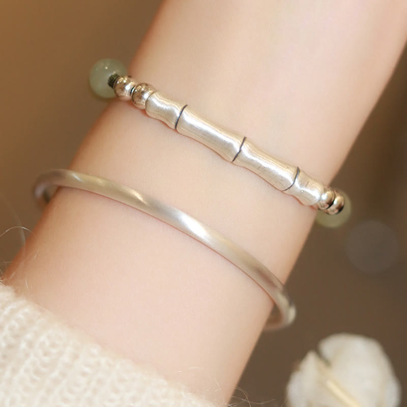 Buddha Stones 925 Sterling Silver Natural Jade Fu Character Bamboo Abundance Bracelet - image 11