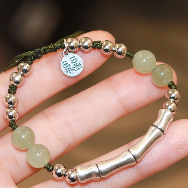 Buddha Stones 925 Sterling Silver Natural Jade Fu Character Bamboo Abundance Bracelet - image 2