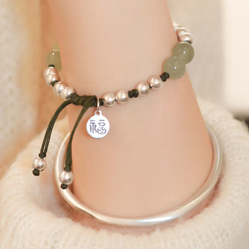 Buddha Stones 925 Sterling Silver Natural Jade Fu Character Bamboo Abundance Bracelet - image 4