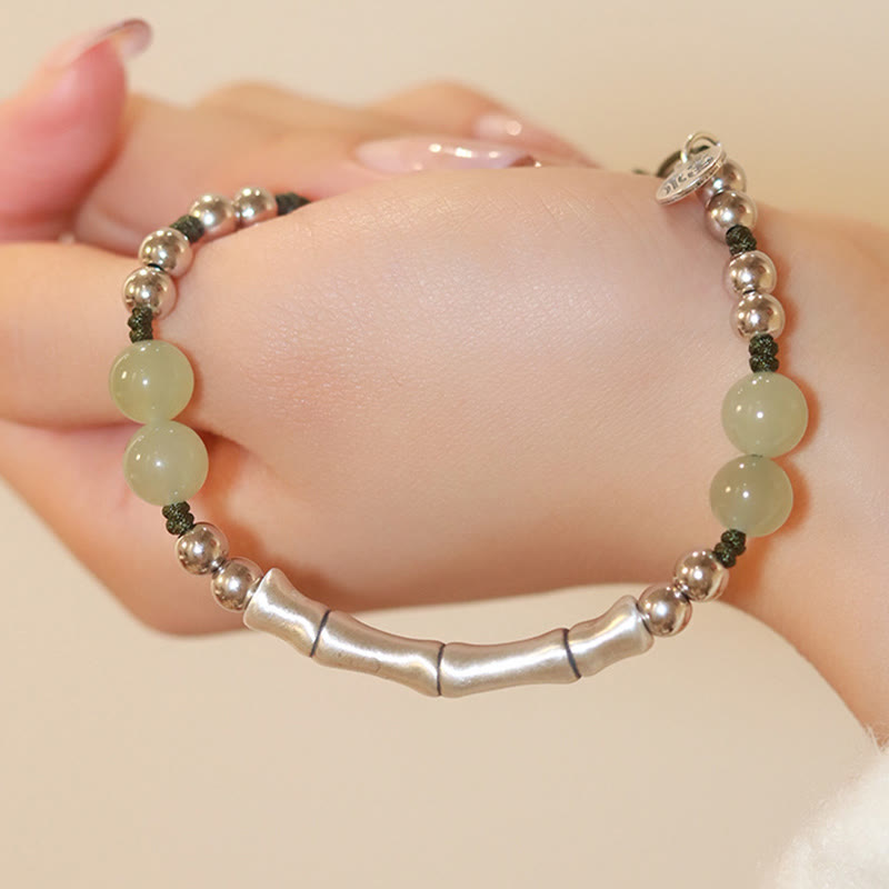 Buddha Stones 925 Sterling Silver Natural Jade Fu Character Bamboo Abundance Bracelet - image 1