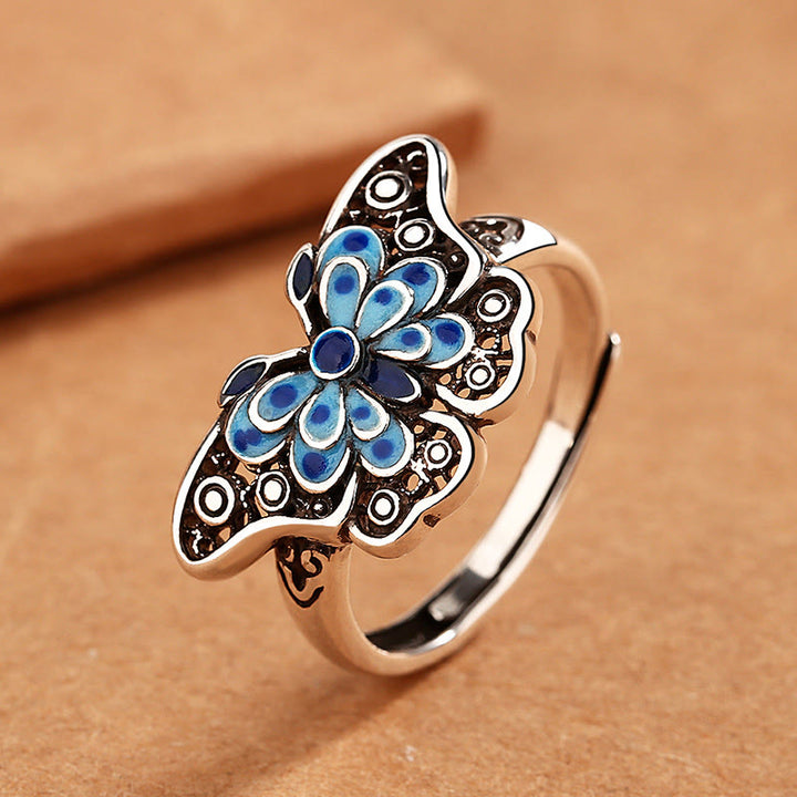 Buddha Stones Hollow Enamel Blue Butterfly Pattern Love Ring